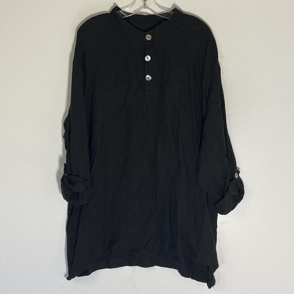 FLAX Top Womens Small Black Linen Henley Tunic Roll Tab Long Sleeve Lagenlook
